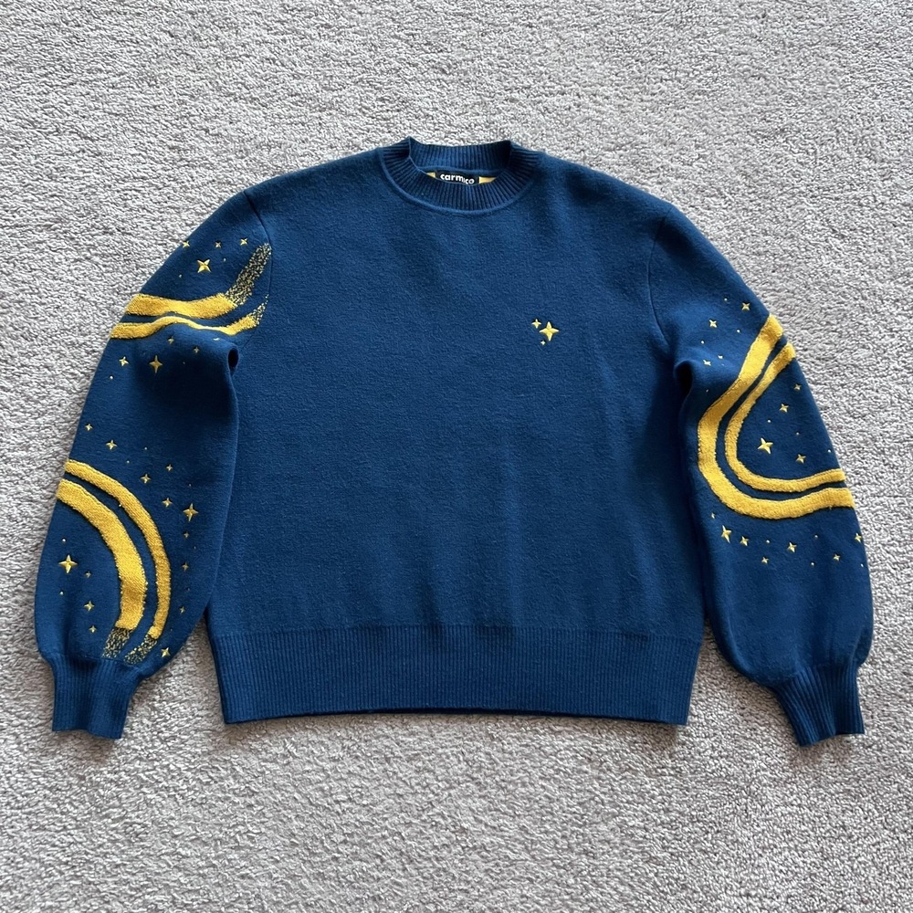 Carmico Stargazer Sleeve Knit Sweater Womens Small Blue Sleeve Graphic